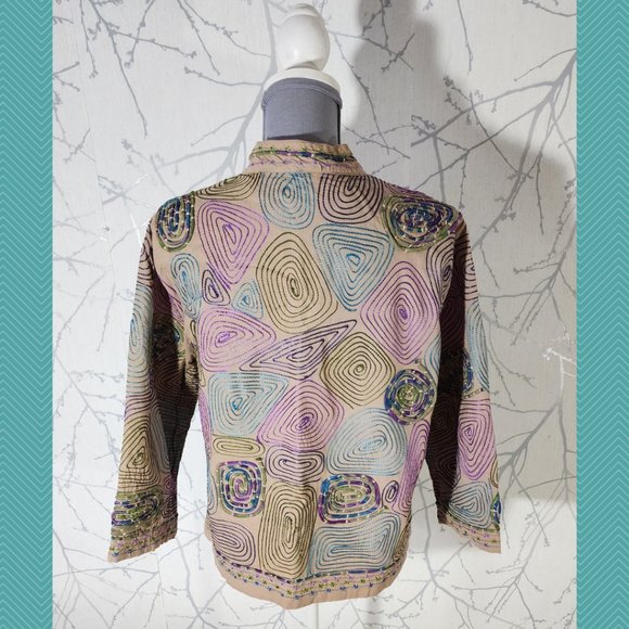 Lifestyle Beige Spiral Psychedelic Embroidered Open Front Jacket - Picture 4 of 6